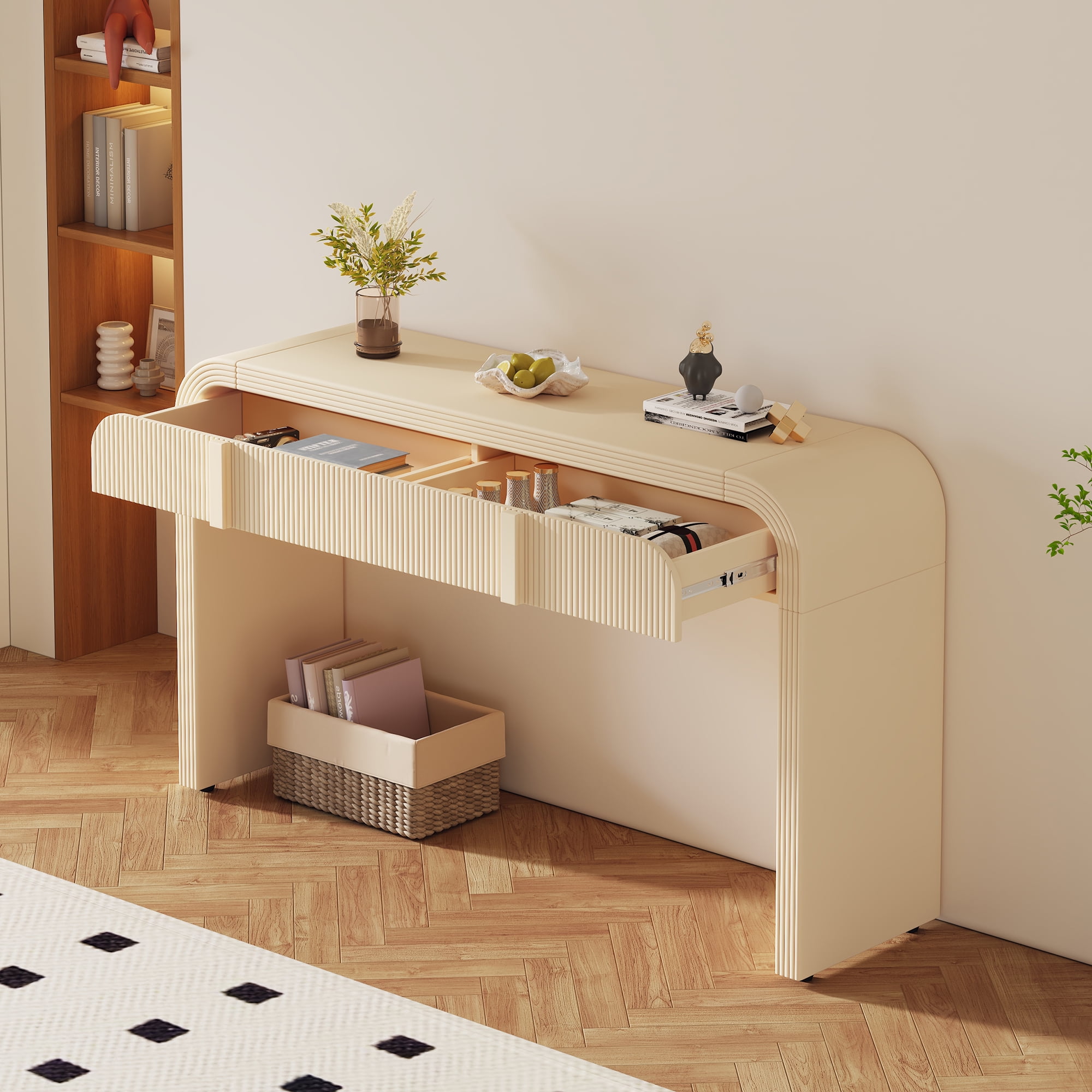 Euroco 55" Unique Curved Console Table with 2 Storage Drawers, Fluted Accent Entryway Table Sofa Table for Hallway Living Room Foyer,Apricot Cream