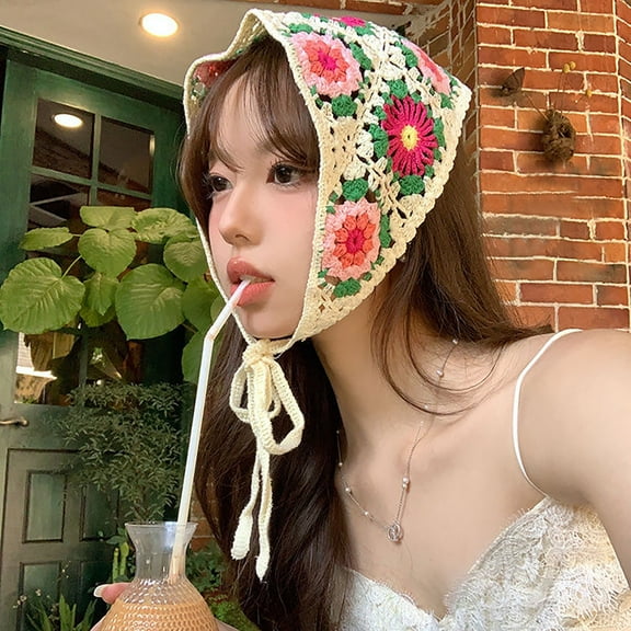Crochet Bandana Head Kerchief Knitted Hair Scarf Boho Vintage Headbands Triangle Hair Tie Handmade Floral Hair Headwrap