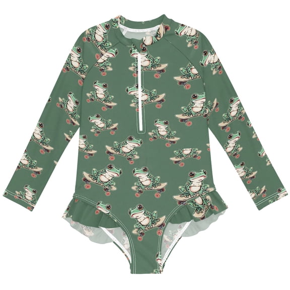 joogoo Frog on Skateboard Pattern Girls One-Piece Swimsuits UPF 50 Long Sleeve Rash Guard Bathing Suit 5-6 Years