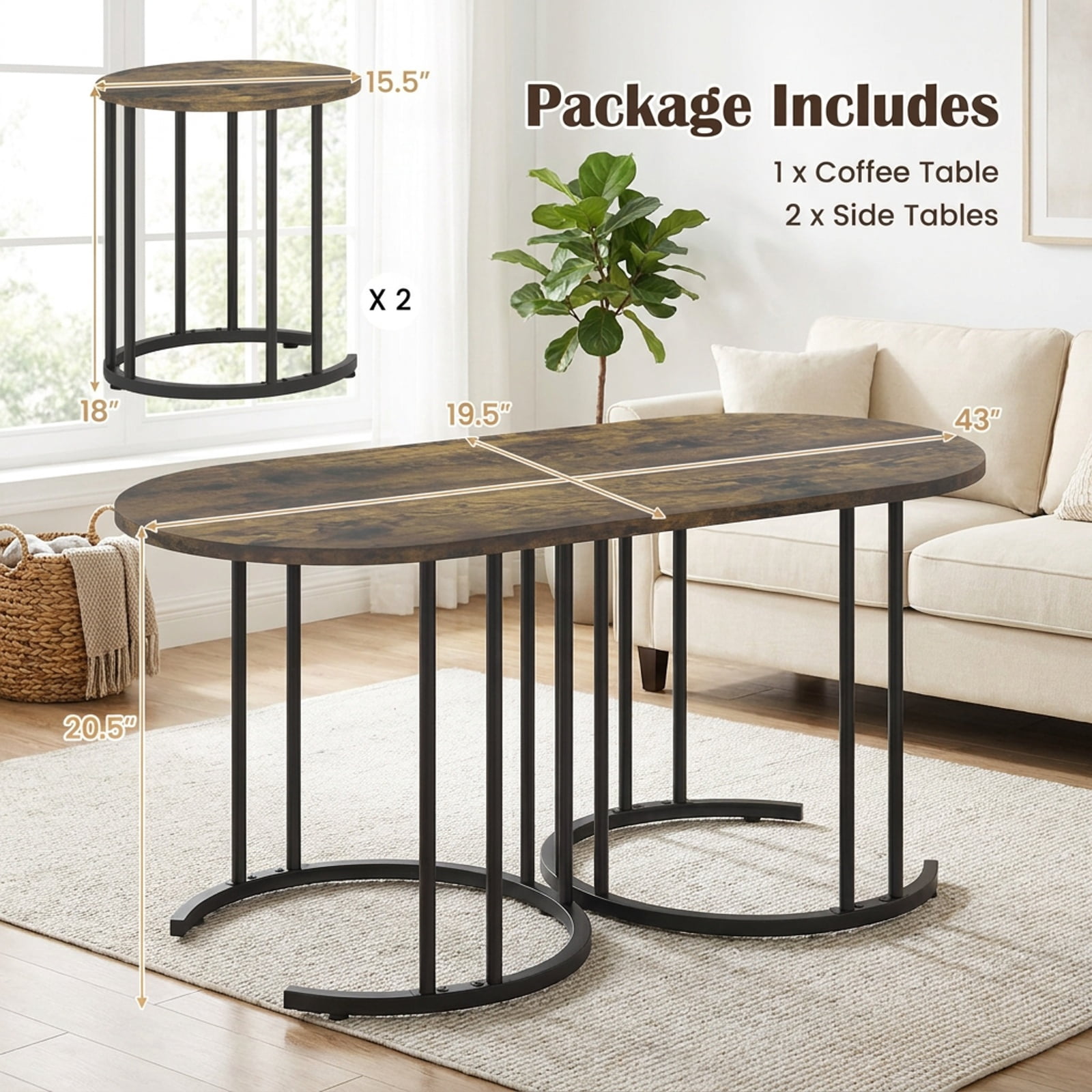 Furnibear Nesting Coffee Table Set of 3 with Wood Grain Tabletop and Powder Coated Black Metal Frame for Living Room, Rustic Brown