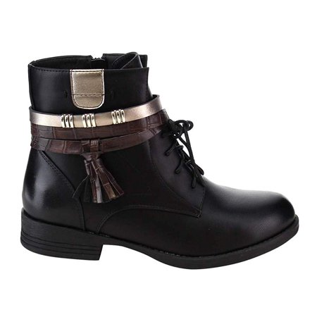 Strappy Tassel Lace up Side Zip Low Stacked Ankle Bootie Vegan Leather Women's - 8 / Black