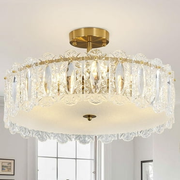 Depuley 8 Light Gold Crystal Chandeliers Brass Glass Drum Light Semi Flush Mount Ceiling Light Fixture for Living Room Bedroom Hallway, E12 Bulbs Included