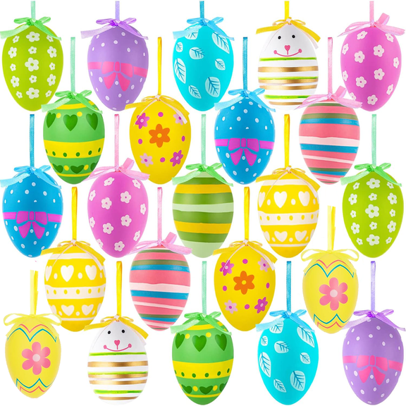 IBEEDOW Easter Egg Ornaments for Tree Decorations, 24PCS Plastic Easter Eggs Decorations, Easter Hanging Ornaments, Hand Painted Easter Eggs Ornaments for Tree Basket Decor Supplies Home Party Favors