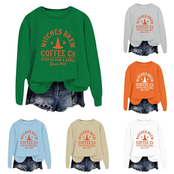 Halloween Sweatshirt for Women Hoodless Sweatshirt Women Fashion Letter Sweatshirt Long Sleeve Casual Round Neck Sweatshirt Green L