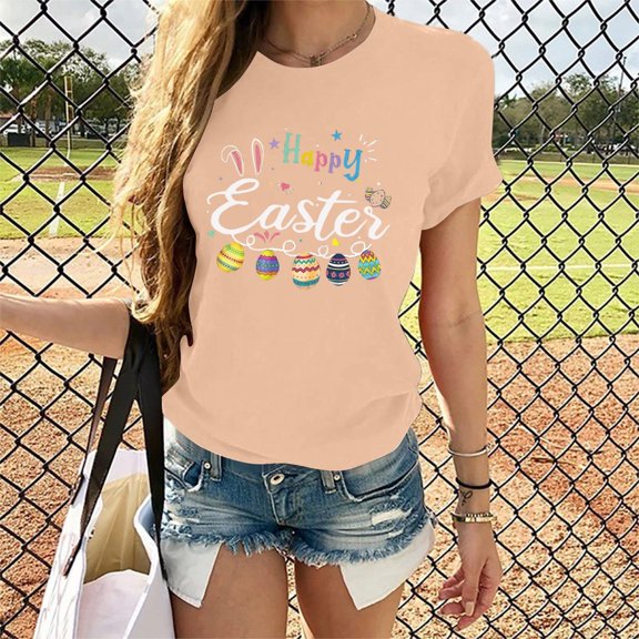 EQWLJWE Happy Easter Tshirt Woman Fun Cute Bunny Eggs Graphic Tee Shirt Hanging with Happy Easter Letter Print Novelty Tops for Work Office School Beige(S-2Xl)