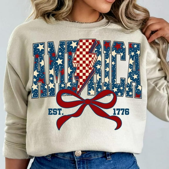 1776 America Sweatshirt, 4th of July Coquette Bow Pullover, Land of the Free Crewneck, USA Flag American Girl Independence Day Shirt