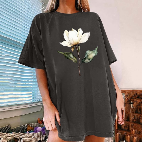 ClodeEU Women's Floral Print Drop Shoulder Short Sleeve T-Shirt ,Casual Loose Crewneck Top Gray,Womens Plus S