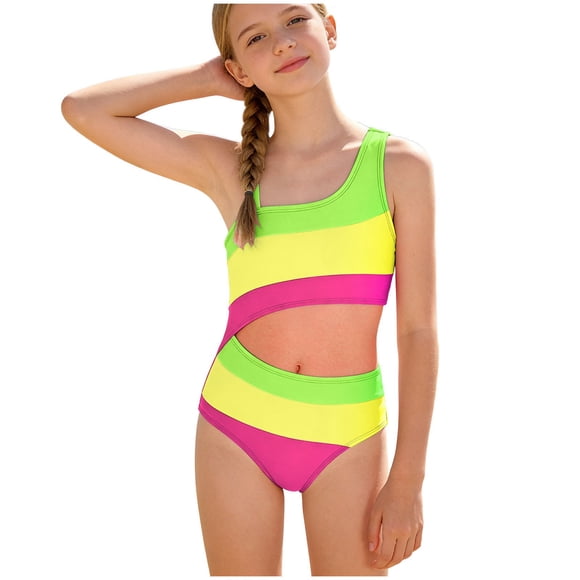 Girls Bikini Set One Shoulder Color Block High Waisted Swimsuit 714 Year Old Preteens & Teens