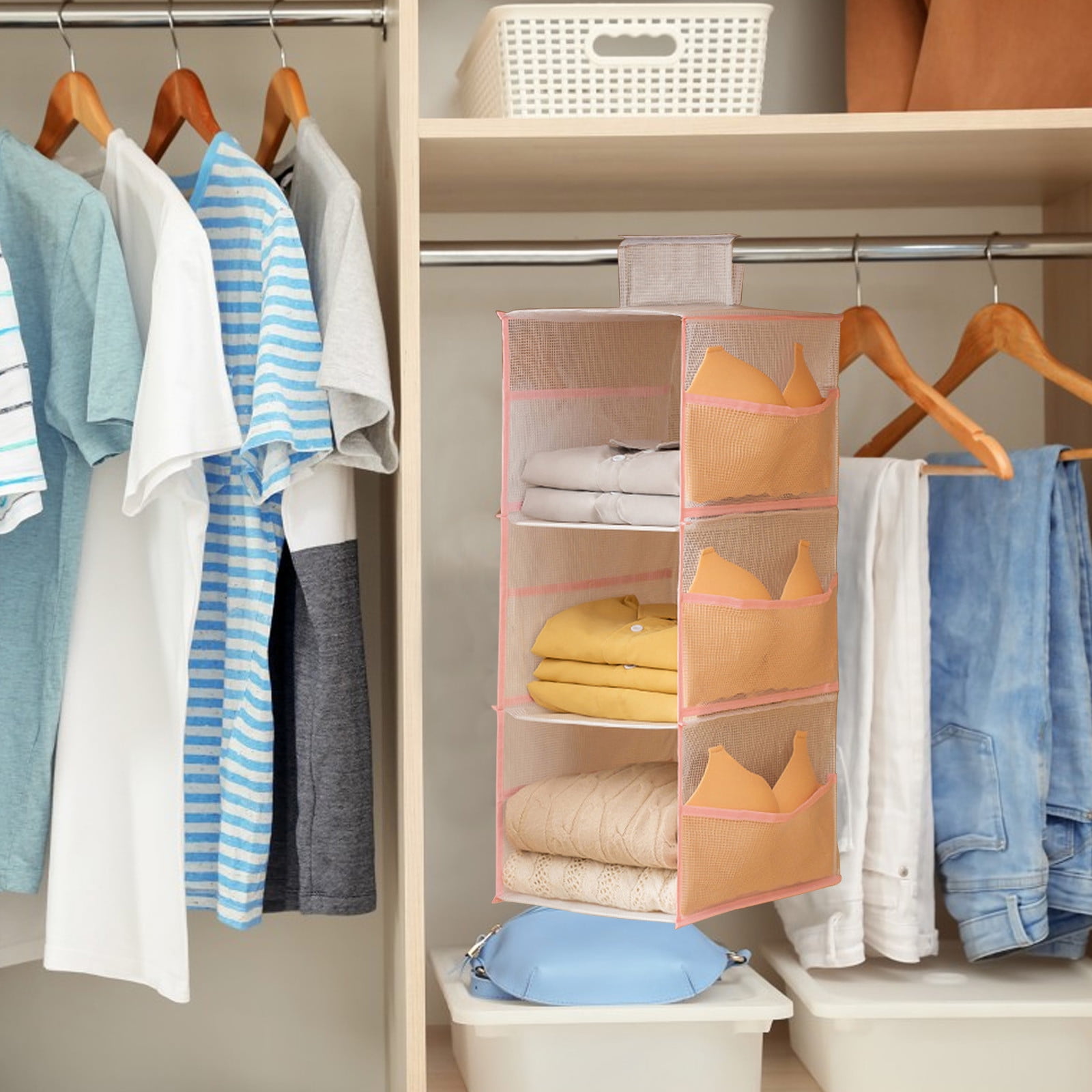 TopLLC Hanging Closet Organizer 3 Shelf Collapsible Hanging Storage Shelf with Side Pockets Washable Hanging Shelves Closet Organizers and Storage for Bedroom College Dorm Walmart