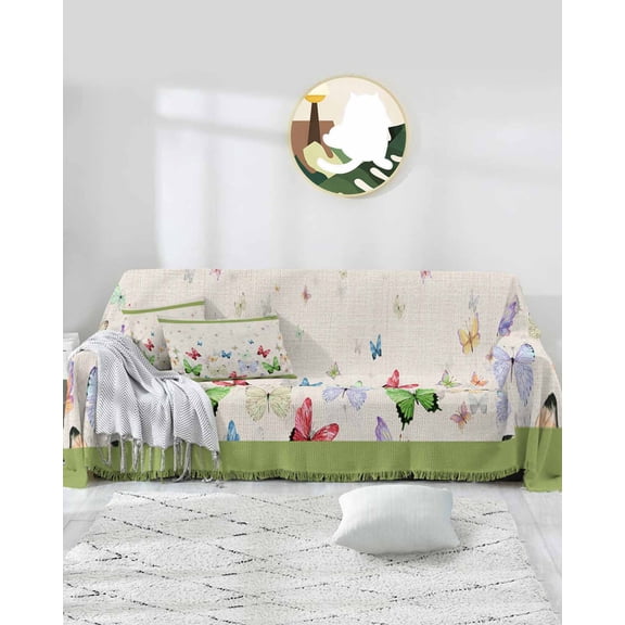 Vintage Beige Sofa Covers for 3 Cushion Couch,Washable Sectional & L Shape Couch Covers for Dog/Cat/Kid,Green Animal Fantasy Dream Watercolor Non Slip Sofa Slipcover Tassel Futon Cover 71x150