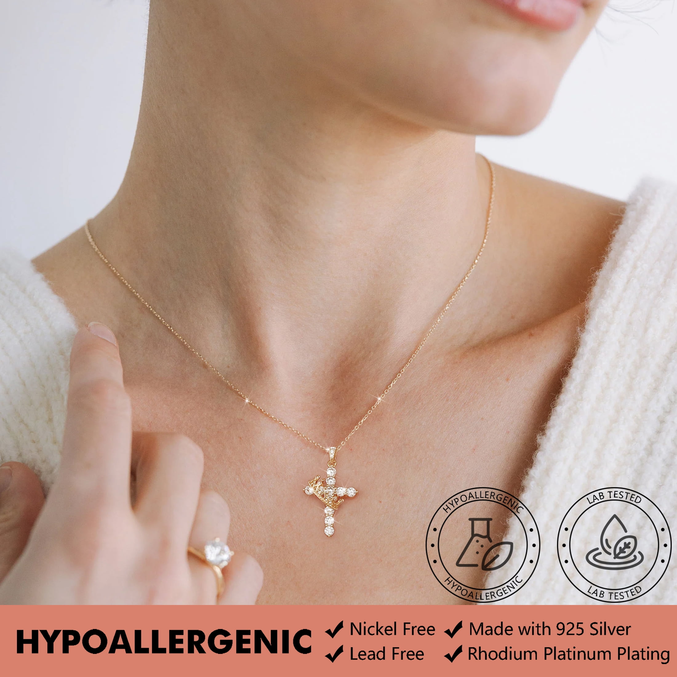 Beautlace Cross D Color VVS1 Moissanite Necklace,925 Sterling Silver Rotated Crown Round Cut Simulated Diamond Pendant Necklace Jewelry Gift for Women Wife Lover