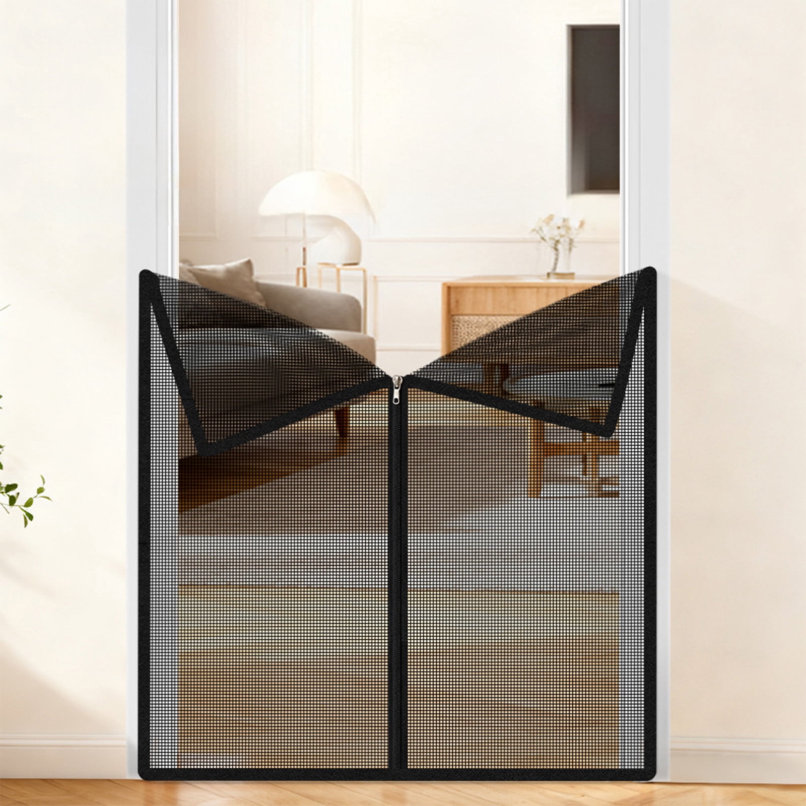 cpengpj No Drill Pet Barrier with Zippered Door, Black Polyester Mesh Gate for Cats and Dogs, Escape Proof, Easy Installation, Home Safety, 85x85cm