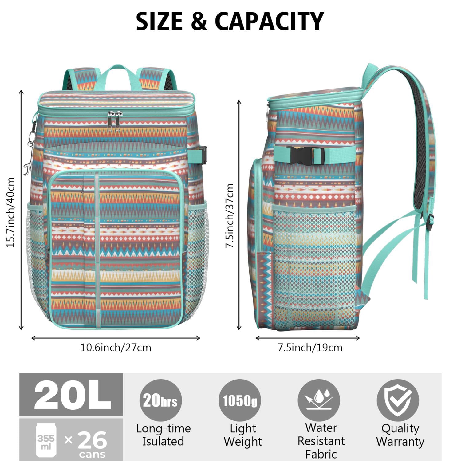 Travel Cooler Bag - Boho Bohemia Pioneer Flower Geometric Line Art Camping Beer Cooler Backpack with Bottle Opener- Waterproof Insulated Picnic Backpacks - Cooler Bag for Beach