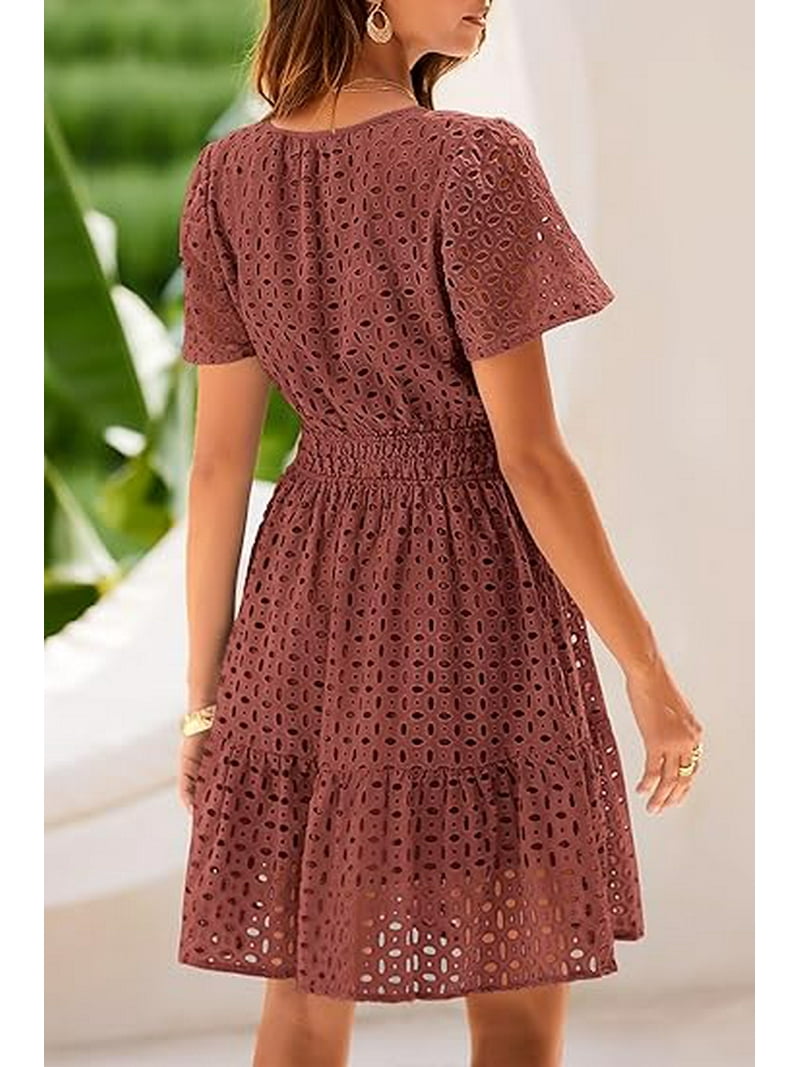 cute casual short dresses Prettygarden Womens Summer Short Dress V Neck Short Sleeve A Line Wear To Work Hollow Out Lace Ruffle Cute Casual Beach Party Dresses, Women's, Size: