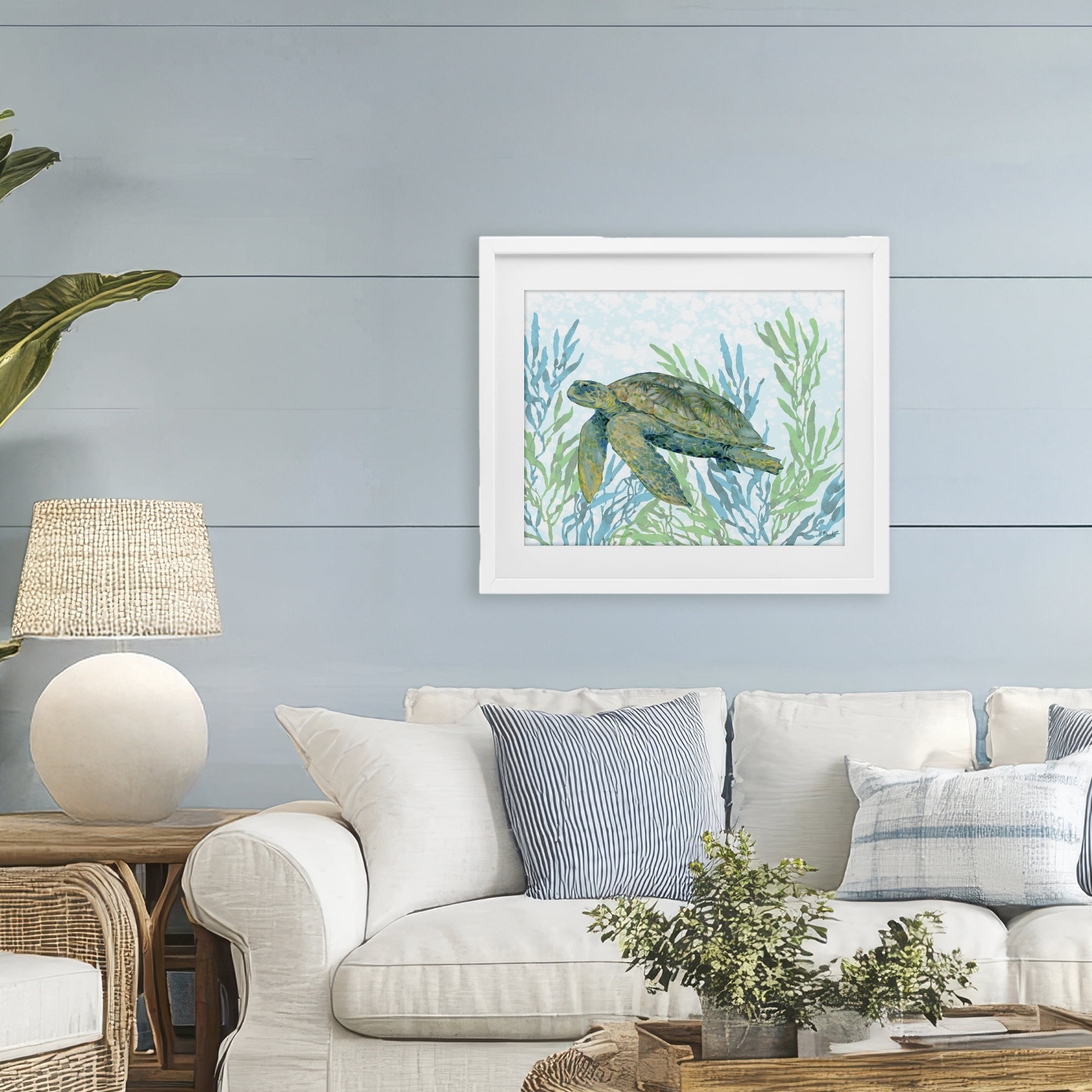 Stupell Industries Tasman Turtle in Seagrass White Framed Print Under Glass, design by Paul Brent