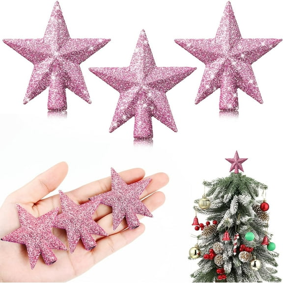 3Pcs Mini Christmas Tree Topper Small Star Christmas Treetop Ornaments (7.8'',Glitter Pink)