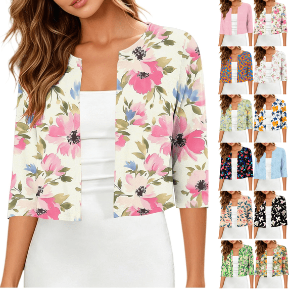 Gamivast Floral Bolero Shrugs for Women-3/4 Sleeve Open Front Cropped Cardigan Lightweight Summer Dress Cover Up Tops for Vacation Beach Party Wedding Guest