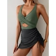 thumbnail image 4 of Women Mesh One Piece Swimdress Swimsuit Tummy Control V Neck Cutout Bathing Suit Wrap Drawstring Sarong Swimwear, 4 of 5