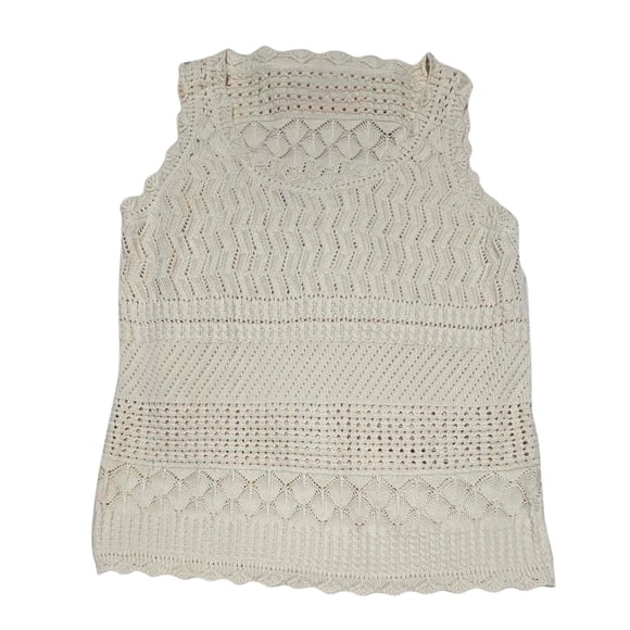 Lace Knit Tank Top for Women, Sleeveless Ribbed Crochet Vest with Scalloped Hem and Openwork Geometric Patterns in Beige