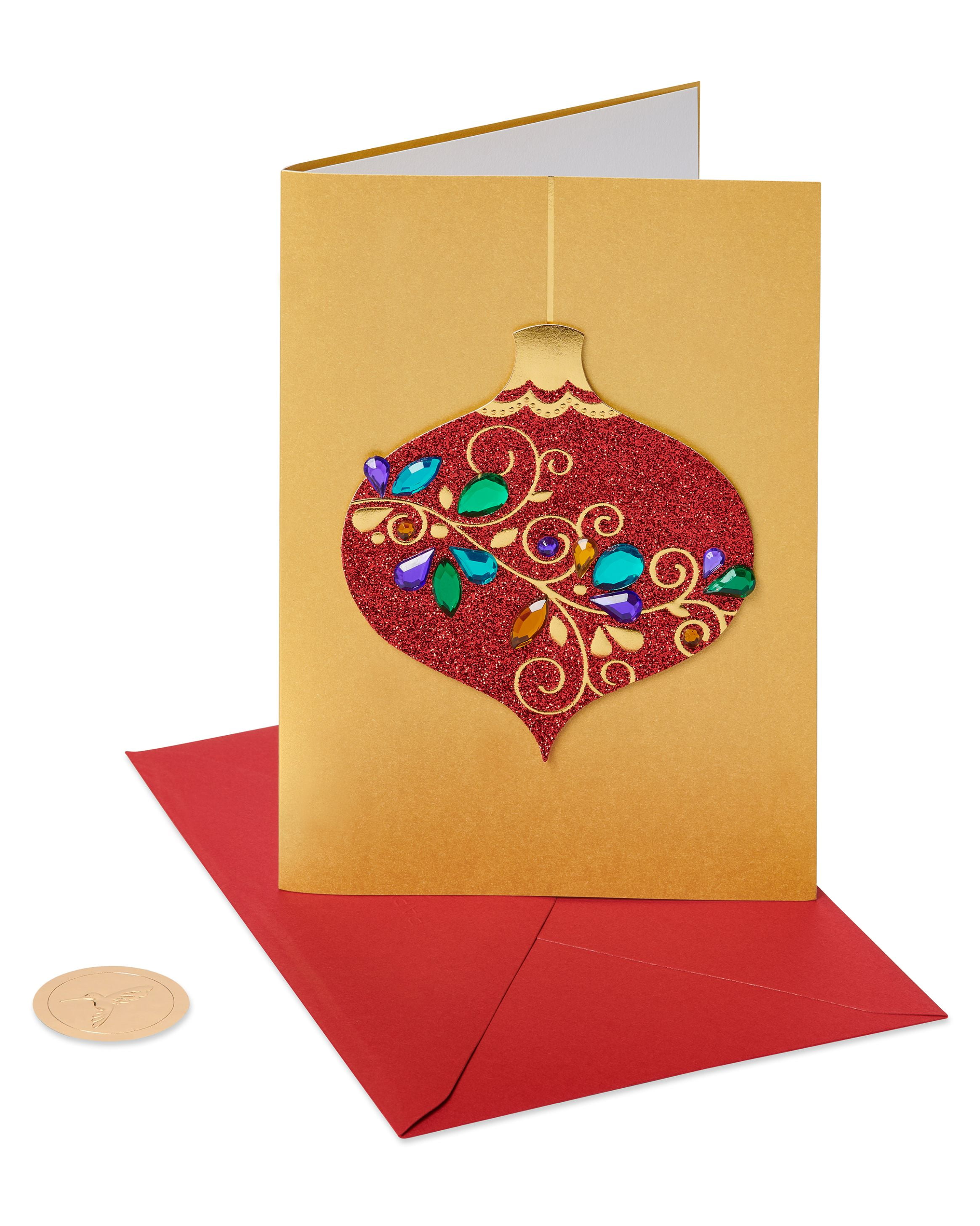 Papyrus Premium Christmas Greeting Card – ‘Family, Friends, Love’ Message With Gem, Foil & Sequin Decorated Tree Design (5x7 Inches, Includes Envelope)