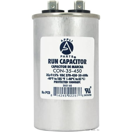 

appli parts run capacitor for ac 35 mfd (microfarads) 370 vac or 450 vac cbb65 round universal fit for hvac and other applications 3-5/8 in high 1-7/8 in wide con-35-450