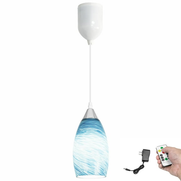 Kiven Battery Operated Pendant Light with Remote Control,1-Light Rechargeable Hanging Pendant Light Adjustable Height with Art Glass Globe for Bedroom Kitchen Bar Living Room TB3232-H