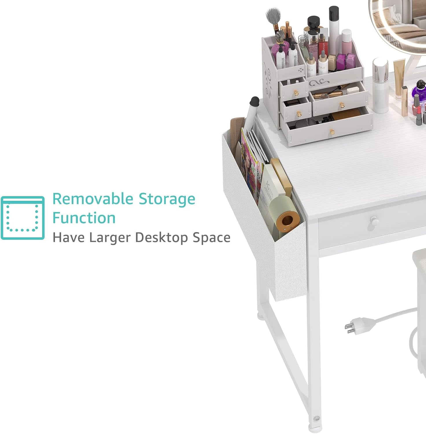 Lufeiya White Makeup Vanity Desk with Mirror and Lights, 40 inch Dressing Table with Fabric Drawers & Power Outlet Chair Set for Girls Bedroom, White