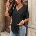 thumbnail image 2 of Kinrui Womens Short Sleeve Hooded T-Shirts Casual V Neck Loose Fit Lightweight Solid Color Pullover Top Black M, 2 of 8