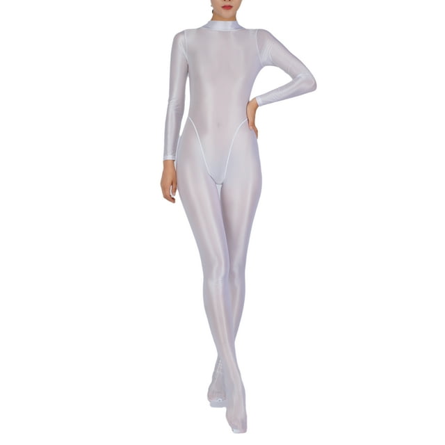 Yeahdor Women's Glossy Bodycon Rompers Unitard Smooth Long Sleeve Bodystocking Stretch Shapewear White M-L