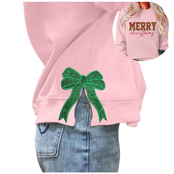 Wang6 Womens Whtie Graphic Sweatshirts Trendy Crew Neck Long Sleeve"Merry Christmas"Pullovers Casual Side Slit Hem Bow Tshirts Tops X_Pink S