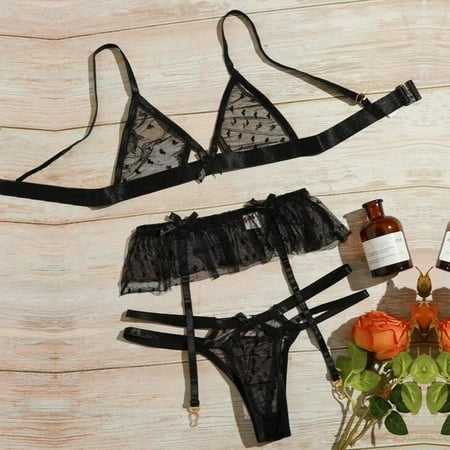 

QWERTYU Womens Babydoll Bra and Panty Sets Teddy Lingerie Set Sexy Lace Lingerie with Garter Black S