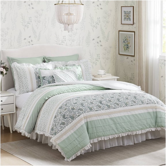 JERFIT 9-Piece Aqua King Comforter Set - Cotton Percale Bedding Set with Ruffles, Lace & Decorative Pillows for Farmhouse Chic Bedroom