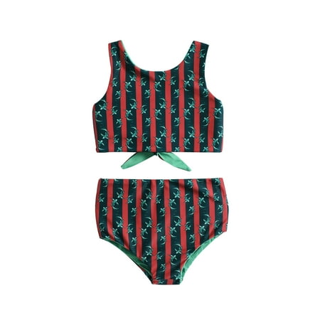 

WUXIAN Summer Toddler Girls Cartoon Printed Two Piece Swimwear Reversible Swimsuit Bikini Set Infants Baby Beachwear Children Soft Swim Wear
