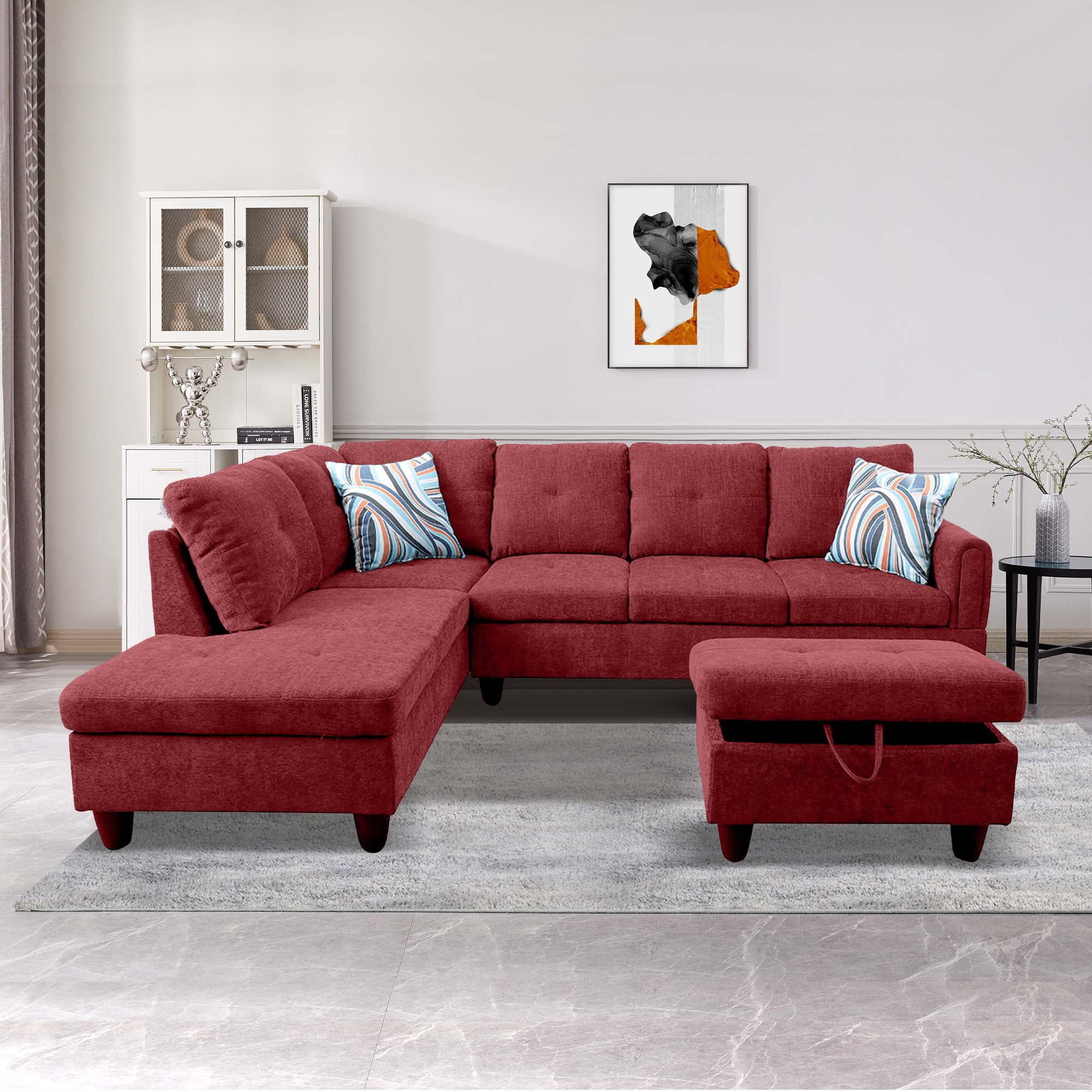 Aukfa Sectional Sofa, Living Room Couch with Storage Ottoman, Left Facing Chaise, Flannel, Red