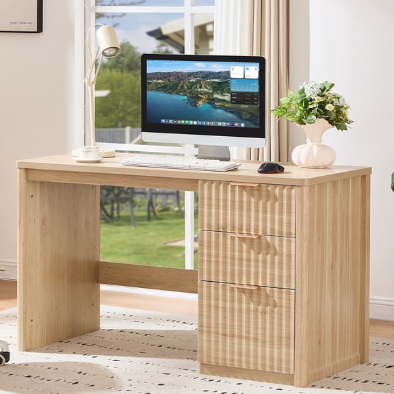 Fluted Executive Desk, 48" Modern Wood Office Desk with File Drawer & Metal Handles, Home Writing Study Computer Table for Work Study, Natural