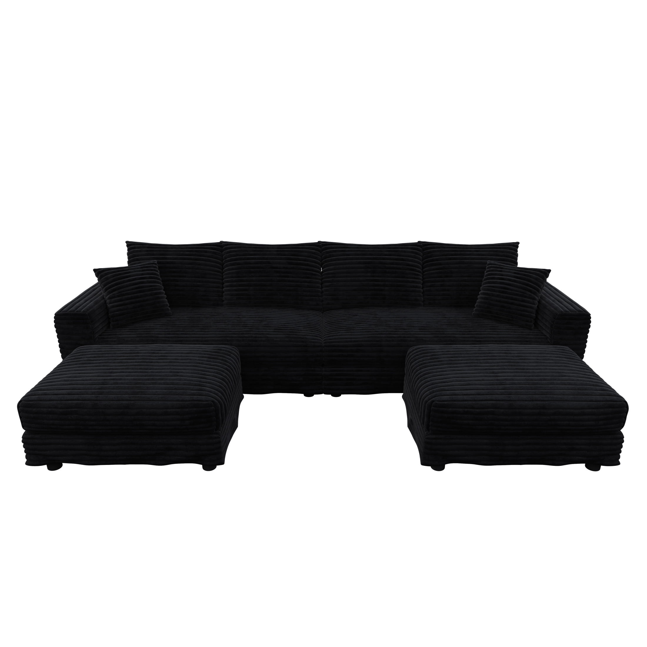 Noble House Nesta 4-Seat Plush Corduroy Cloud Sofa, Convertible Deep Seat Lounge Couch with 2 Ottomans & Soft Pillows, Black