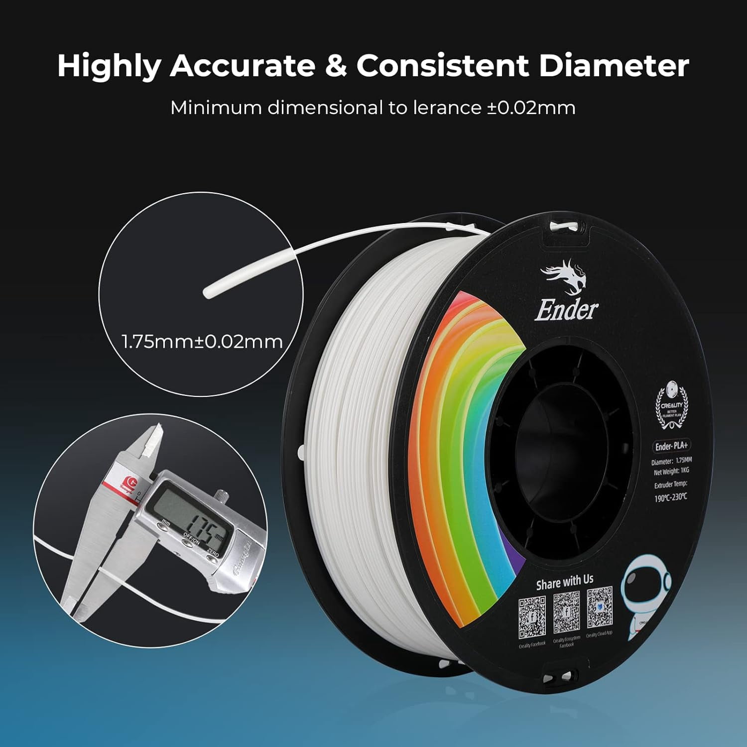 Creality Ender PLA+ Filament White, 1KG Spool (2.2lbs), 1.75mm Diameter, Compatible with 99% FDM 3D Printers, Strong Toughness, Clog-Free, Vacuum Packaged, High Precision, Eco-Friendly
