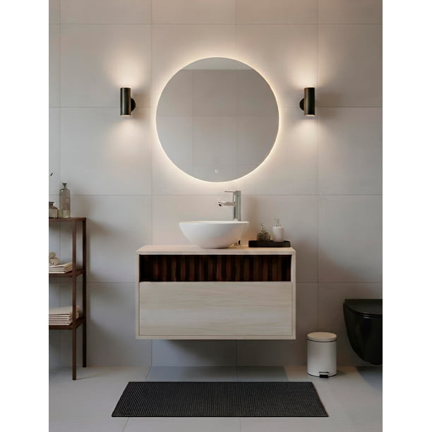 Gabinete para Baño Flotante con Ovalín y Llave Mezcladora,Diseño Minimalista con Detalle con Lambrín, Mueble Suspendido Moderno.