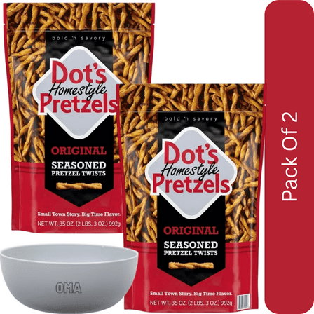 Dot’s Homestyle Pretzels Original Seasoned Pretzel Twists, 35 oz-2pk, With Olive White Bowl By OMA
