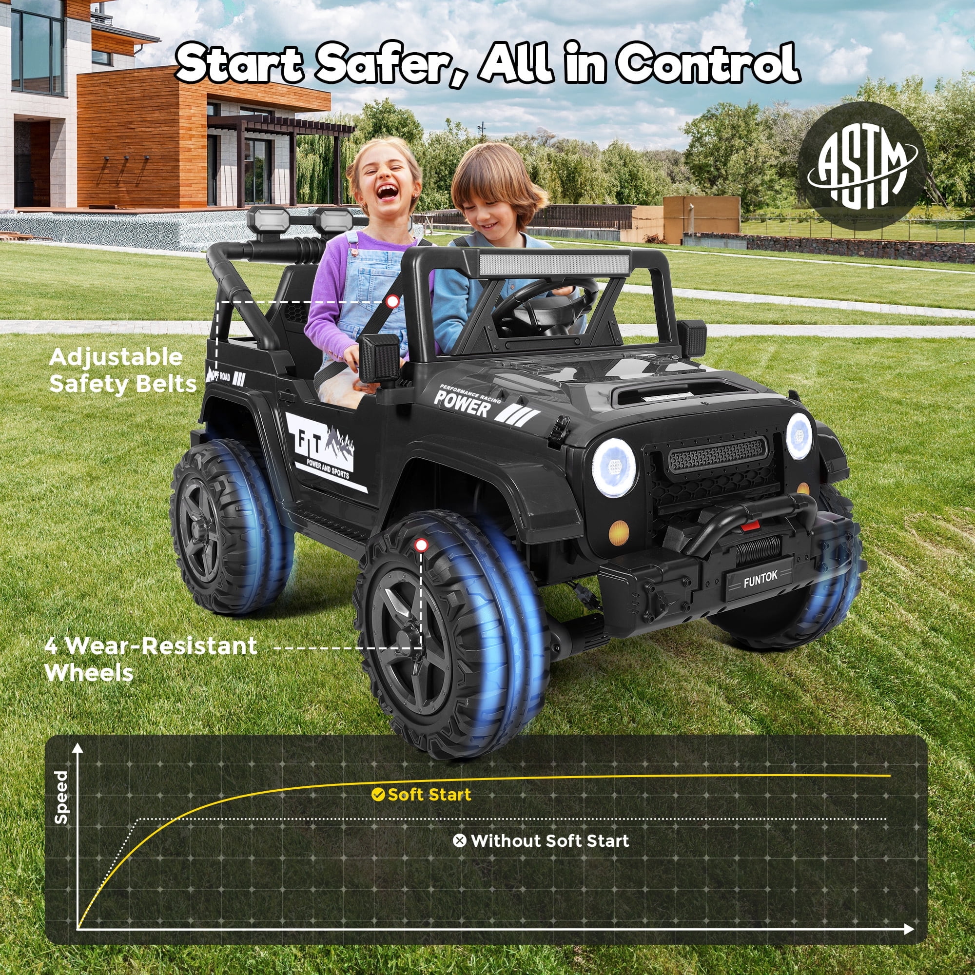 FUNTOK 24 Volt 2 Seater Kids Ride on Toys w/ 20 " Large Seat, 4 x 200W Motor Electric Vehicle Car, 4WD/2WD Switchable Battery Powered Ride on Truck, 3 Speeds with Remote Control & LED Lights, Black