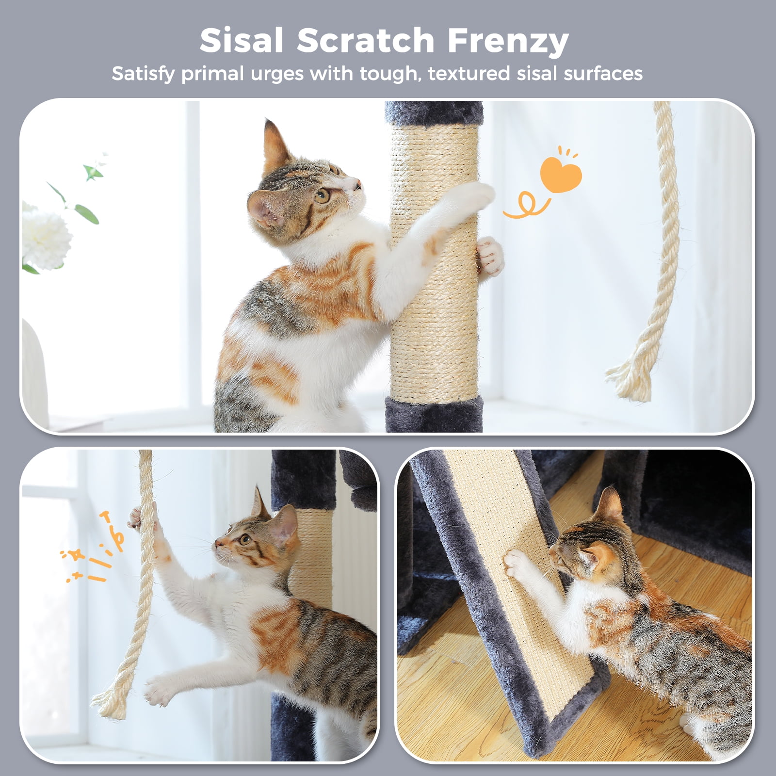 Pefilos 53" Cat Tree Pet Play House with Sisal Scratching Posts, Condo, Perches, Wide Platform for Indoor Kittens/Adult Cats, Gray