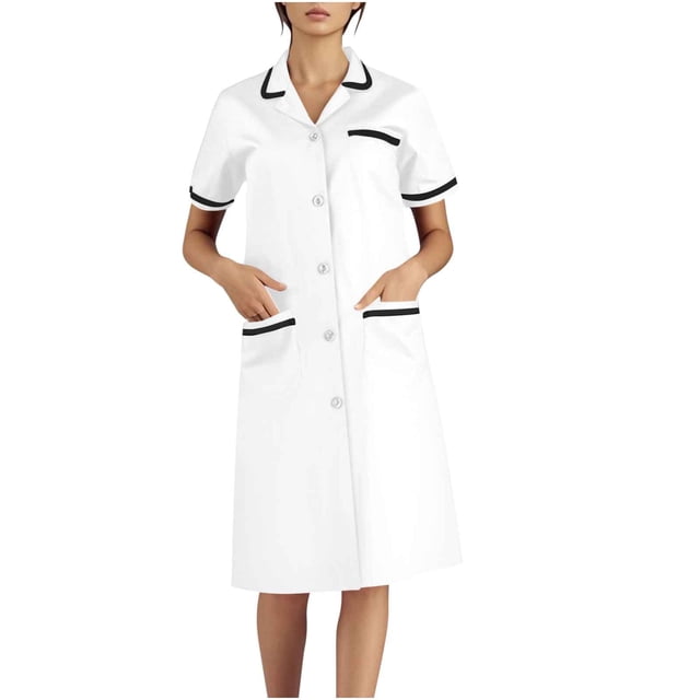 Xfvqtps Robe d'Infirmière pour Femmes avec Poches Bouton Manches Courtes Col à Revers Robe de Travail Blanche