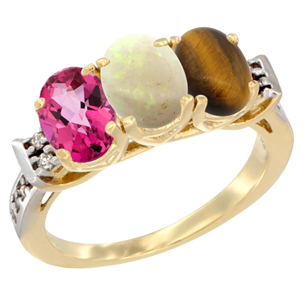 10K Yellow Gold Natural Pink Topaz, Opal & Tiger Eye Ring 3-Stone Oval 7x5 mm Diamond Accent, sizes 5 10 by WorldJewels