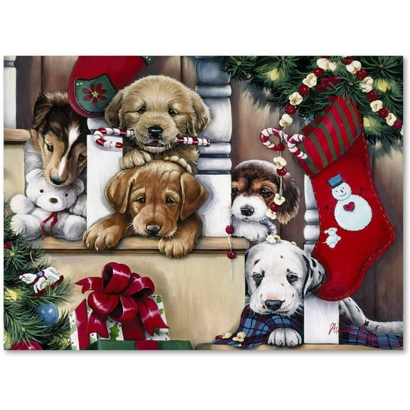 Trademark Fine Art 'Christmas Puppies On The Loose' Canvas Art by Jenny Newland