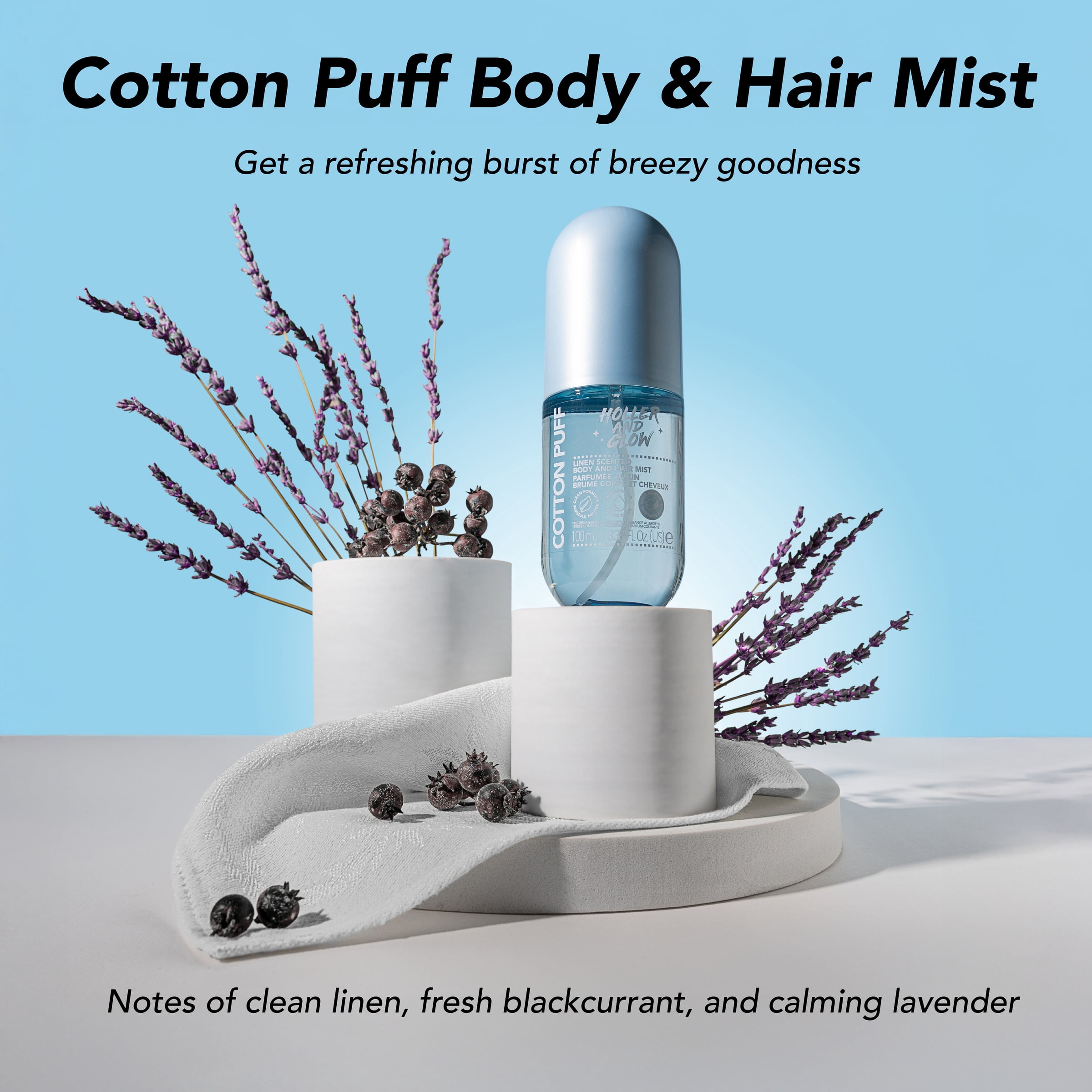 Holler and Glow Mood Boosting Cotton Puff Body & Hair Mist, Linen Scented, Clean Formula, Water Based, Allergen Free, 3.38 fl oz