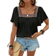 thumbnail image 3 of Mexican Shirts for Women Boho Embroidered Short Butterfly Sleeve Square Neck Loose Blouses Tees Black M, 3 of 9