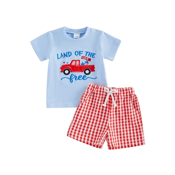 BemeyourBBs Toddler Baby Boy 4th of July Outfit Patriot Independent Day Clothes Letter Truck Embroidery Short Sleeve T Shirt Elastic Waist Plaid Shorts Set Fourth of July 2 Piece Summer Outfit