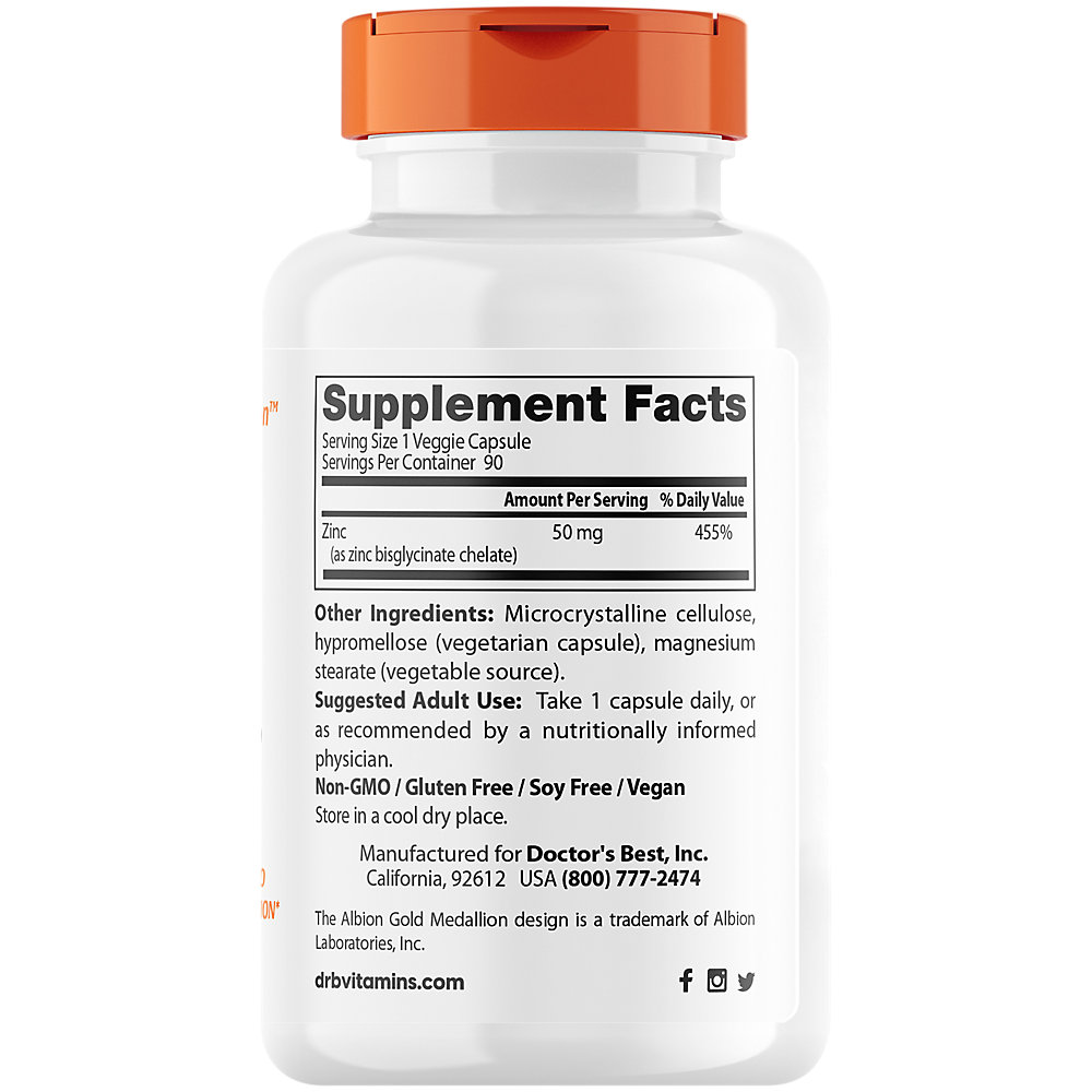 Doctor's Best High Absorption Zinc Bisglycinate, 100% Chelated, 50 mg, 90 Veggie Caps - image 2 of 3