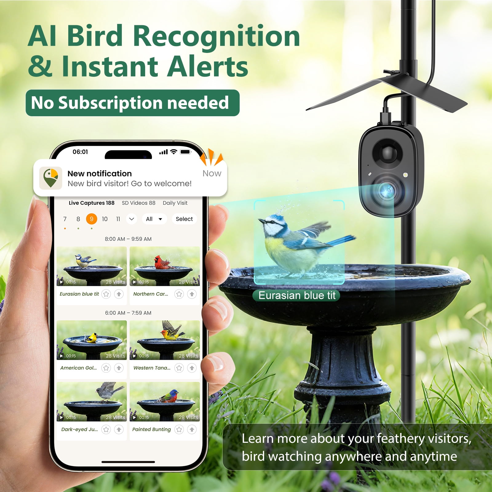 Coolfly x Richbird Solar Smart Bird Feeder Camera with 63" Pole Mount, 2.5K HD Wireless Outdoor Birdwatching Camera with Phone Alerts & No Monthly Fees AI Species Identification