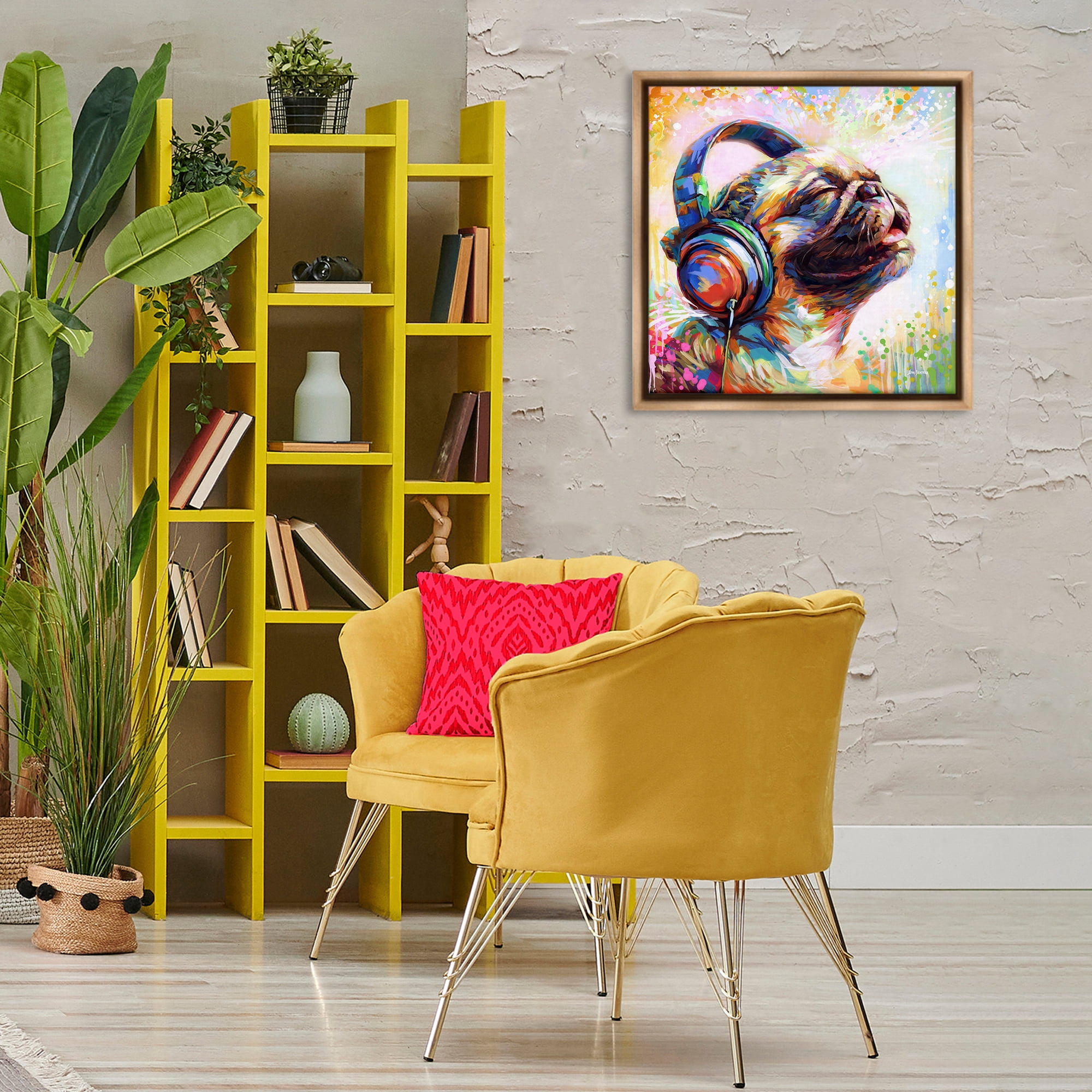 Stupell Industries Blissful Music Pug Animals & Insects Painting Brown Floater Framed Canvas Art Print Wall Art, 25 x 25